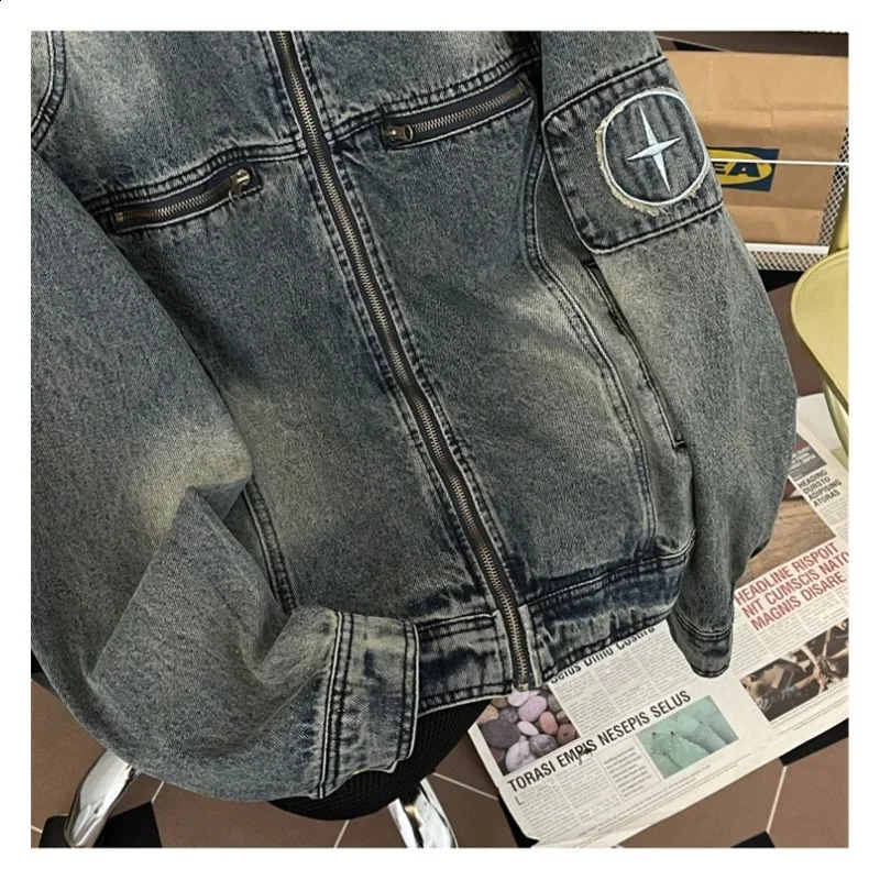 Vintage Embroidery Washed Denim Jacket For Men Loose Hip Hop High Street Retro Jean Jackets Cargo Coat Man Clothing Streetwear 250206
