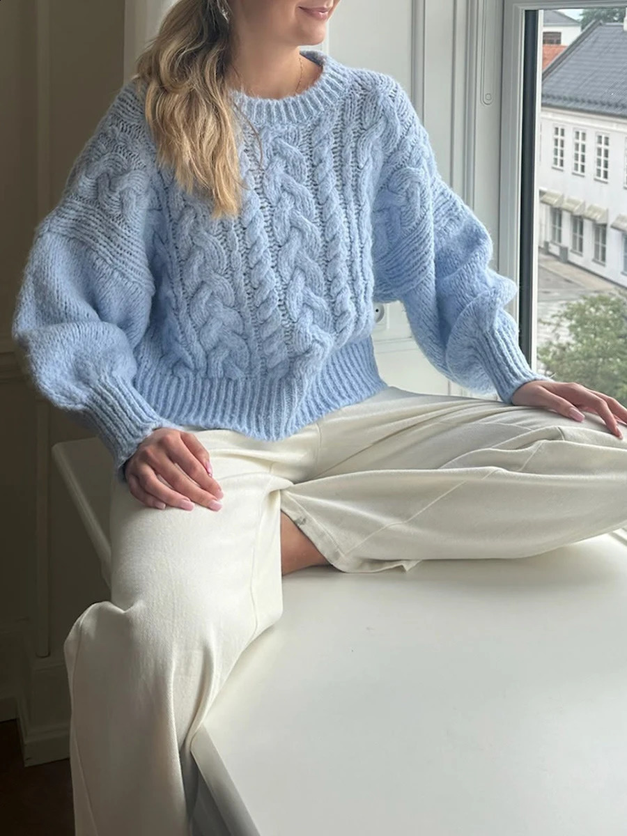 Womens Y2K Cable Knit Sweaters Chunky Long Sleeve Crewneck Cropped Pullover Sweater Tops Warm Jumper Tops Knitwear 250206