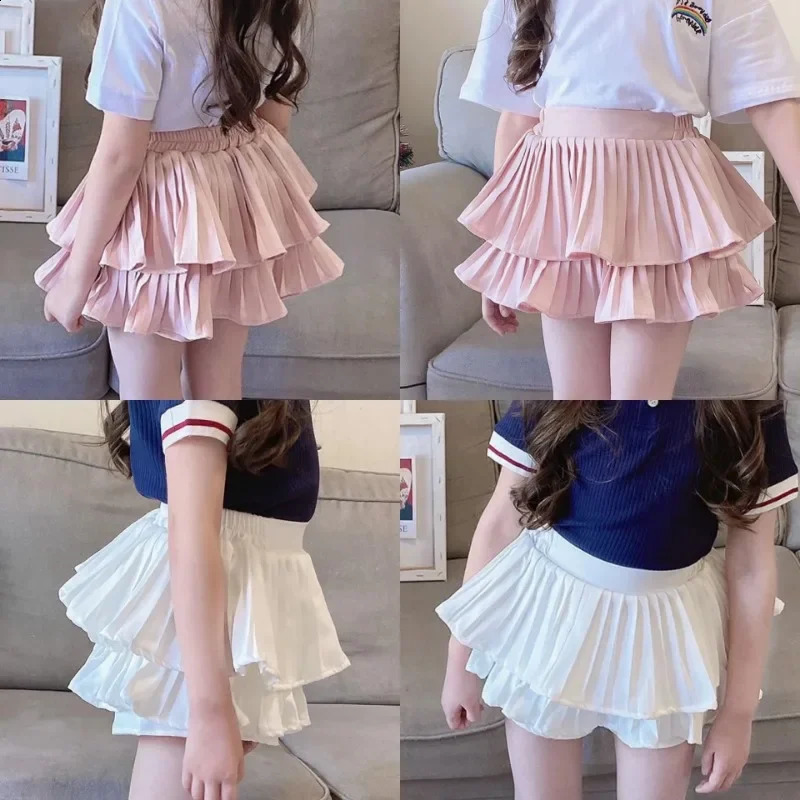 Girls Skirt White Pleated Layered Skirt School Child Black Pink All-match Tutu Casual Infant Kids Mini Short Skirt 3 To 16 Years 250206