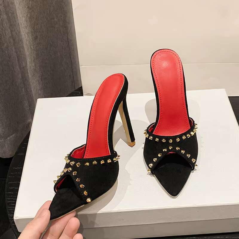 Liyke 2025 Summer Fashion Metal Rivet Designer High Heels Women Slippers Sexy Pointed Toe Party Stripper Shoes Mules Sandals