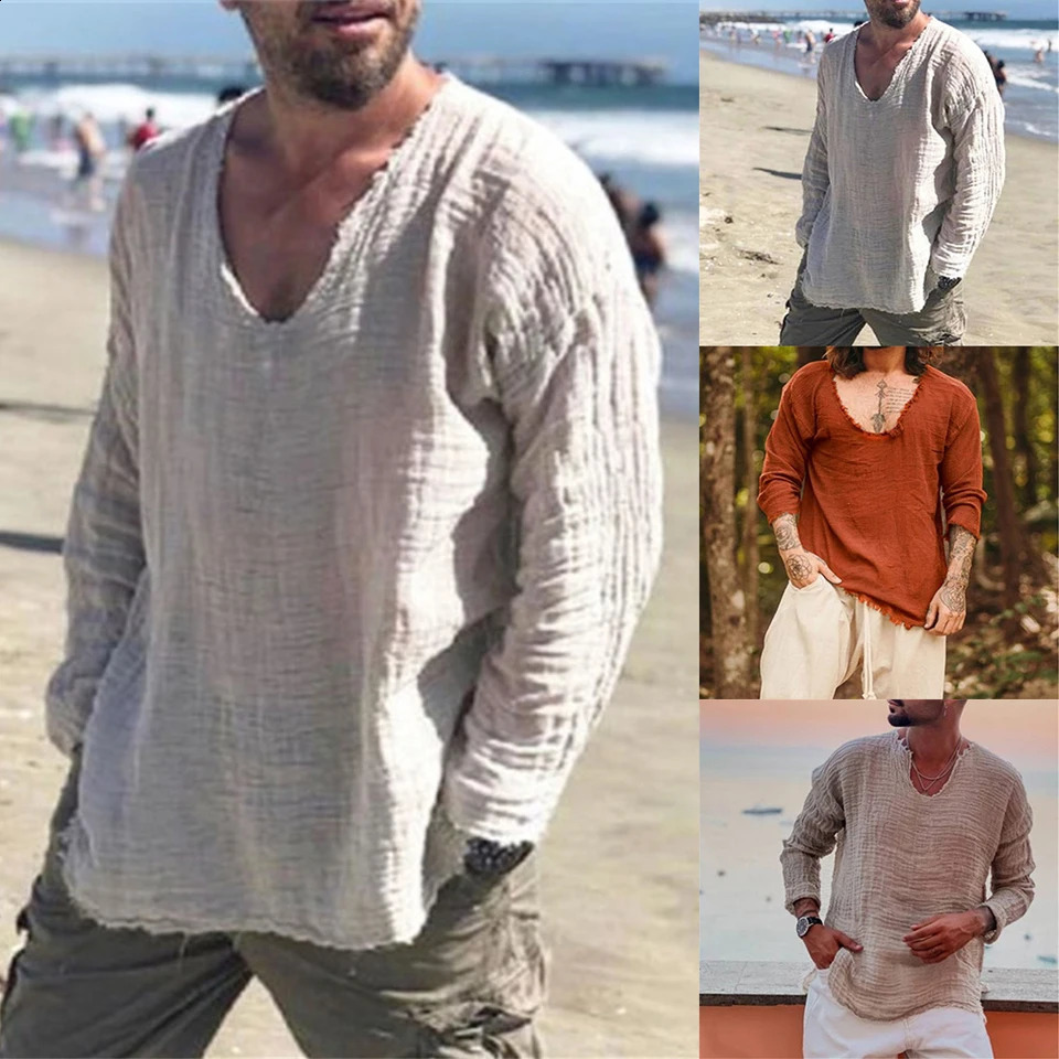 T-Shirt Mens Shirt Blouse Top Classic Daily Linen Blend Long Sleeve Male Muscle Office Outdoor Solid Tee V-Neck 250116