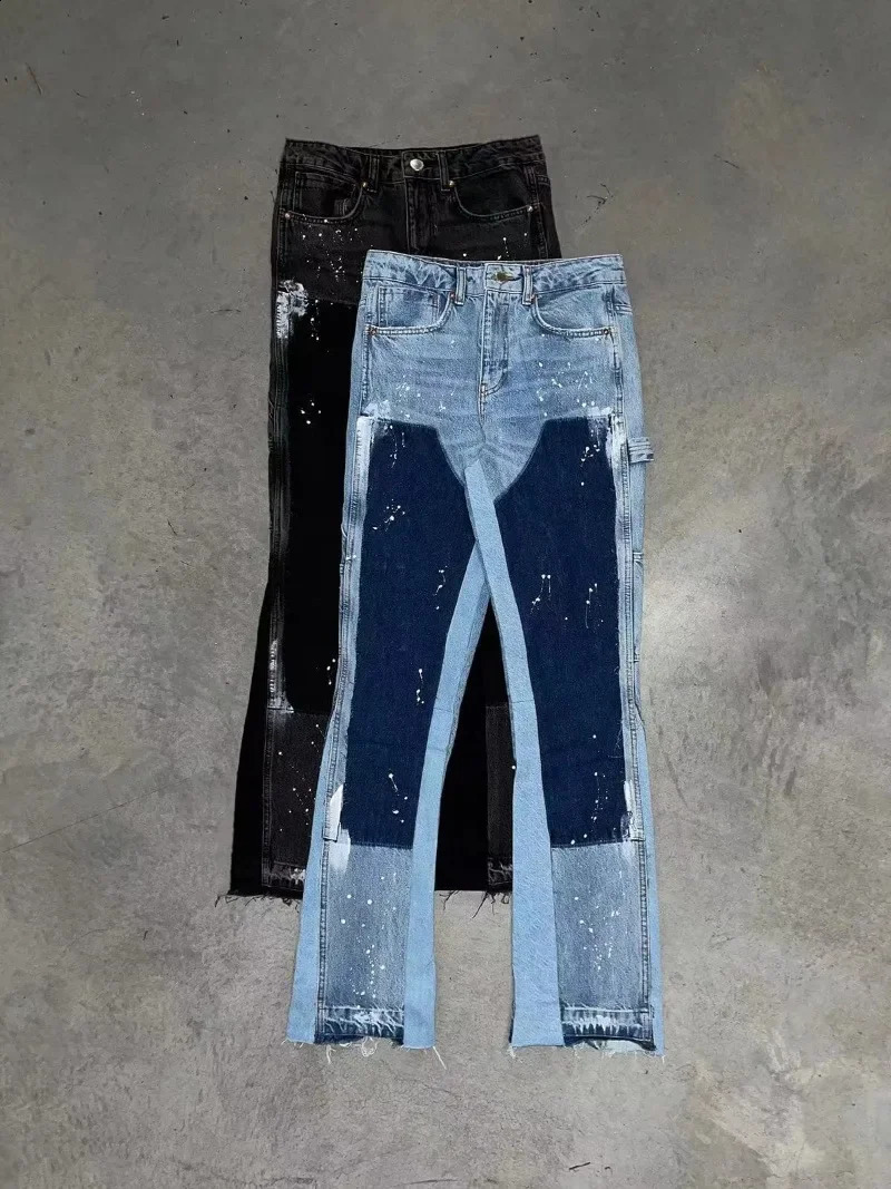 American high street retro sense raw edge micro horn jeans women Y2k dark pants low waist splicing elastic mop pants 250206