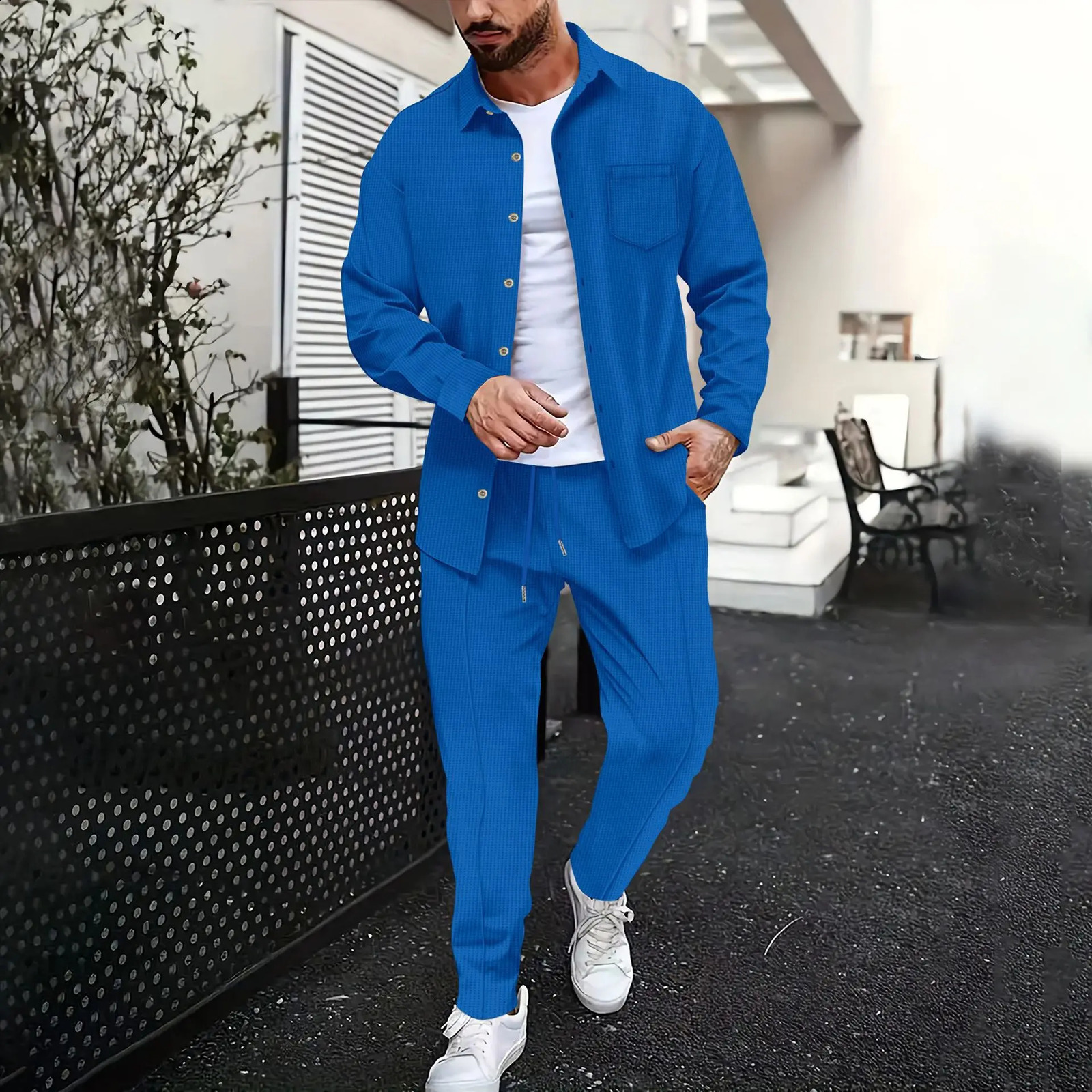 Spring and Autumn men waffle solid color two-piece trend lapel long-sleeved shirt and trousers casual outdoor sports suit 250121