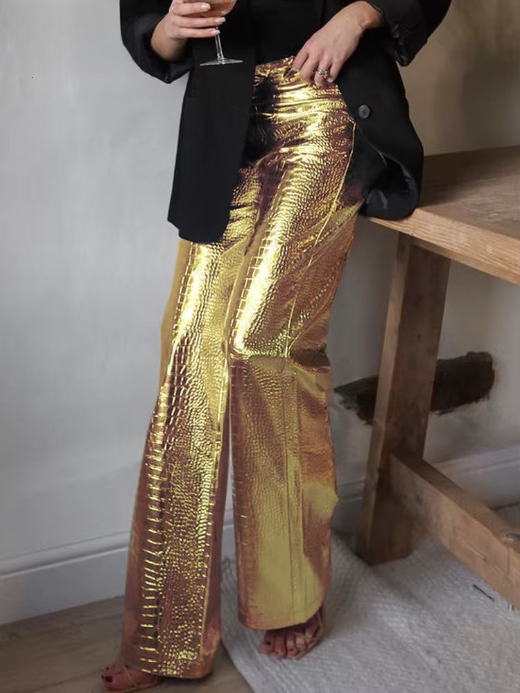Gold Sliver Straight Wide Leg Pants For Women 2025 Fashion Streetwear High Waist Scale Leather Party Club Trousers