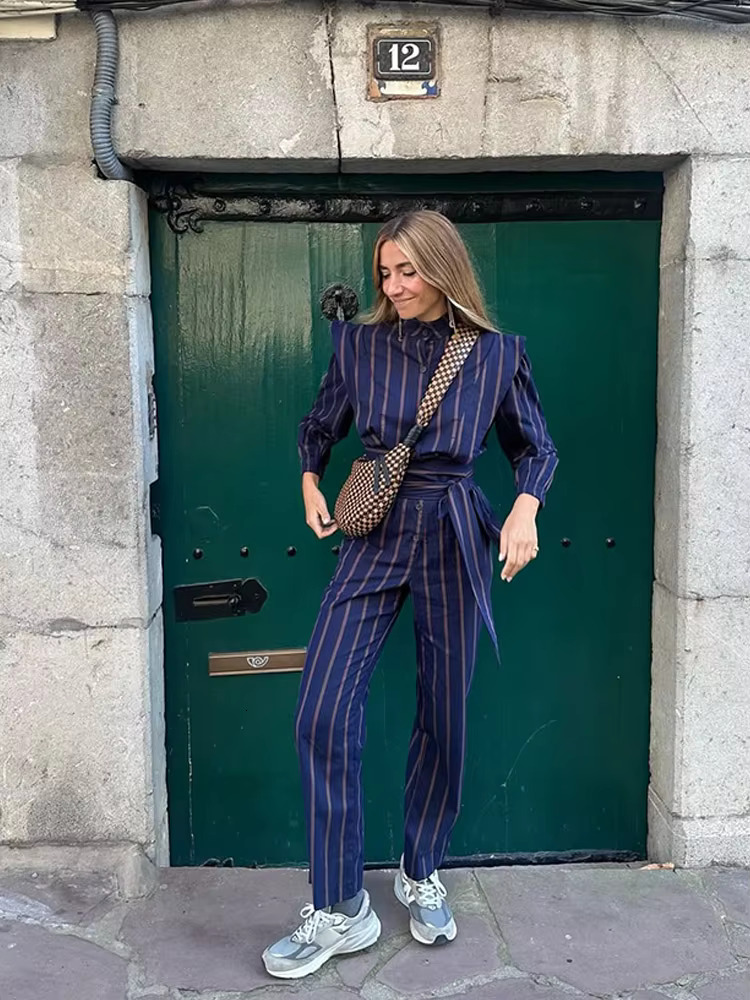 Spring Striped Slim High Waist Pants Sets Women Print Lace Up O-Neck Full Sleeve Shirt Top Suit 2025 Lady Streetwear Outfits