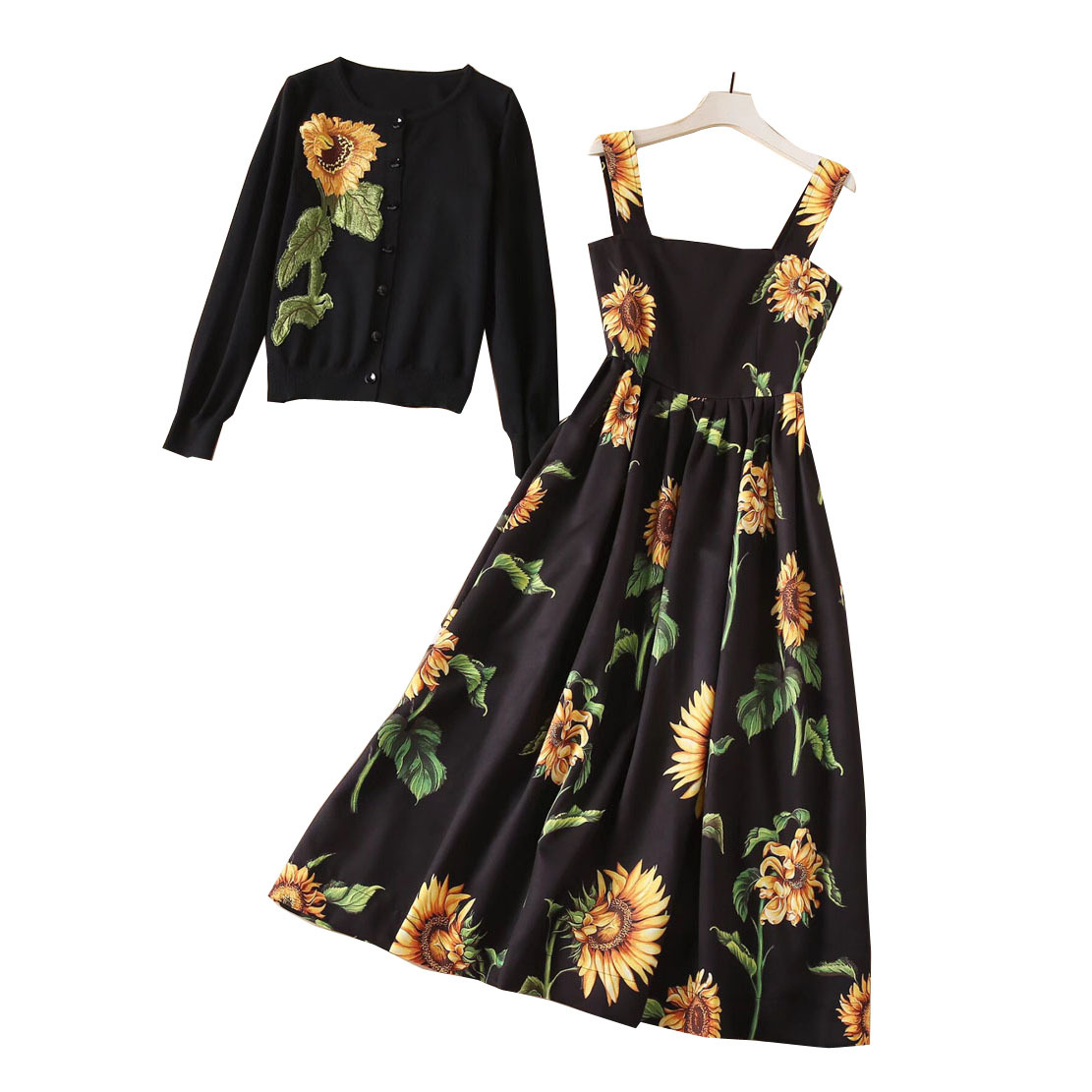 OC1325M7 Women's Two Piece Sets Multicolored Dress Round Neck Long Sleeved Embroidered Knitted Top+printed Dress