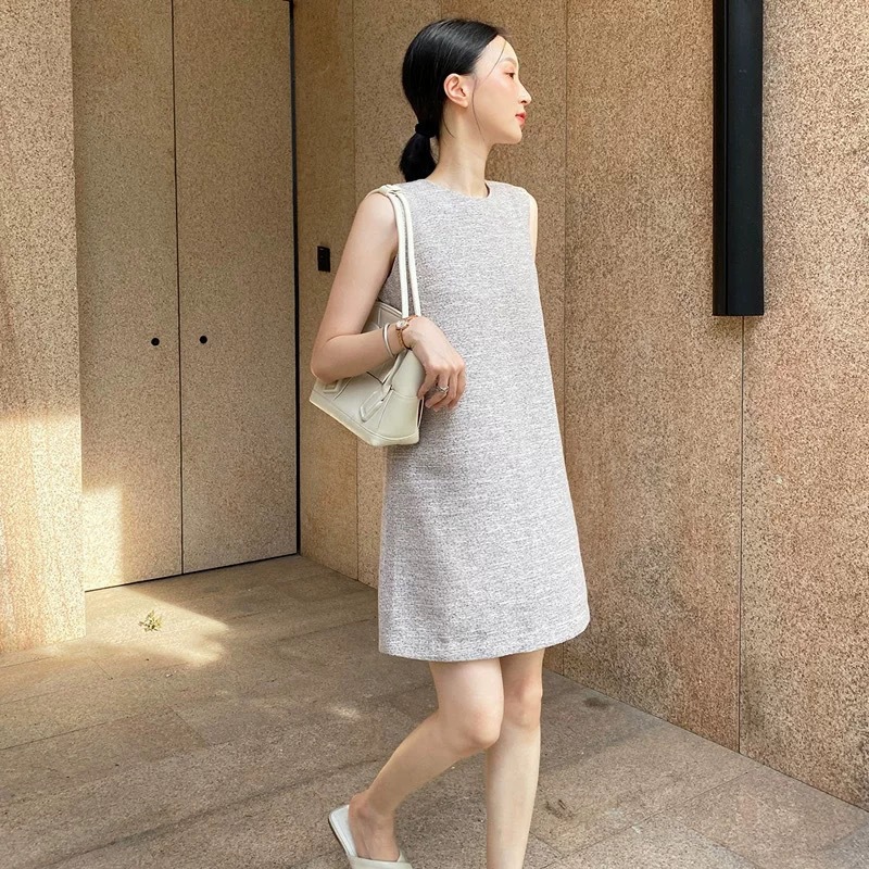 P4200 New summer atmosphere plant dyeing mid-length linen vest dress round neck sleeveless dress summer