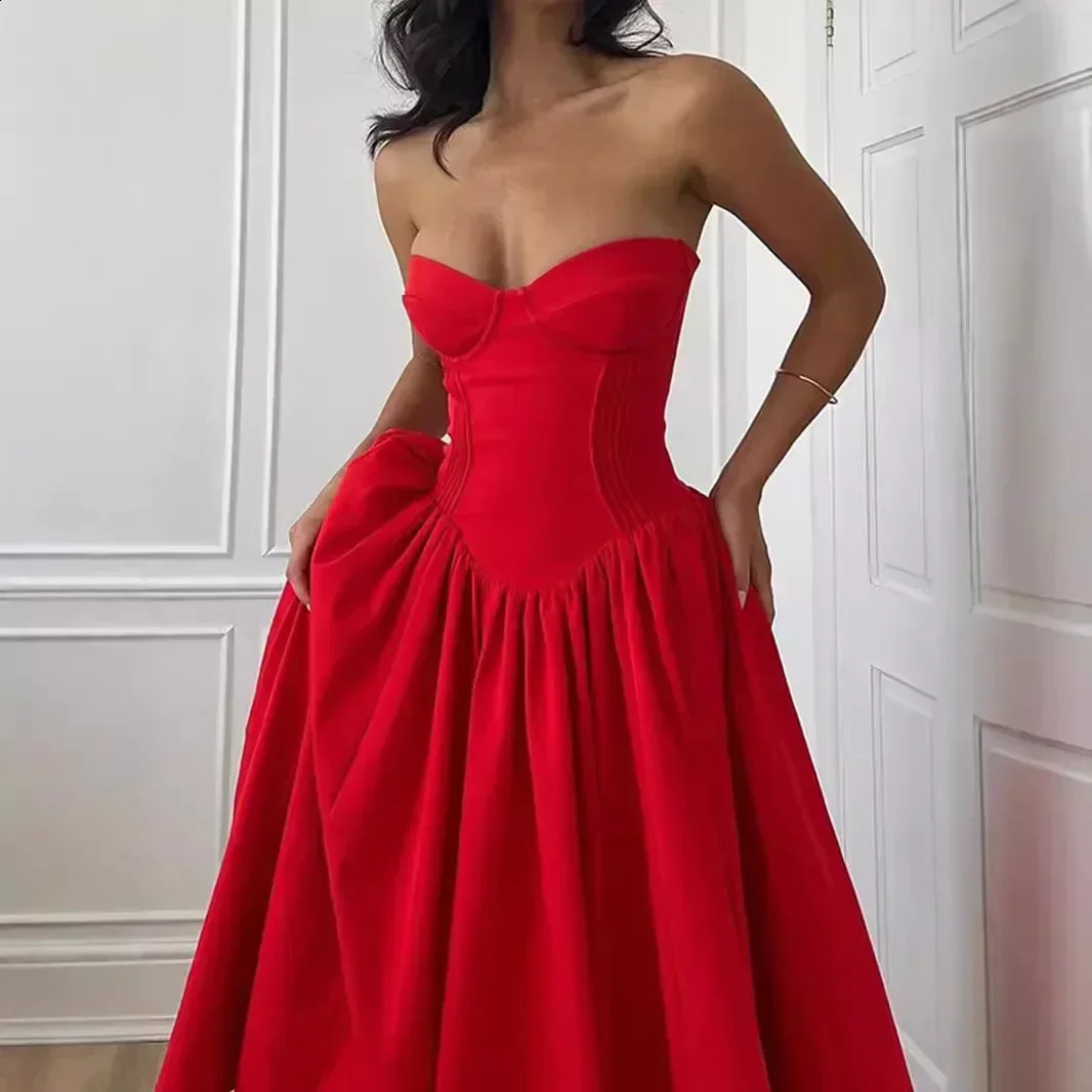 Suninheart Women Red Strapless Dress Sexy Arrivals Midi Casual Holiday Birthday Party Dresses Female 250206
