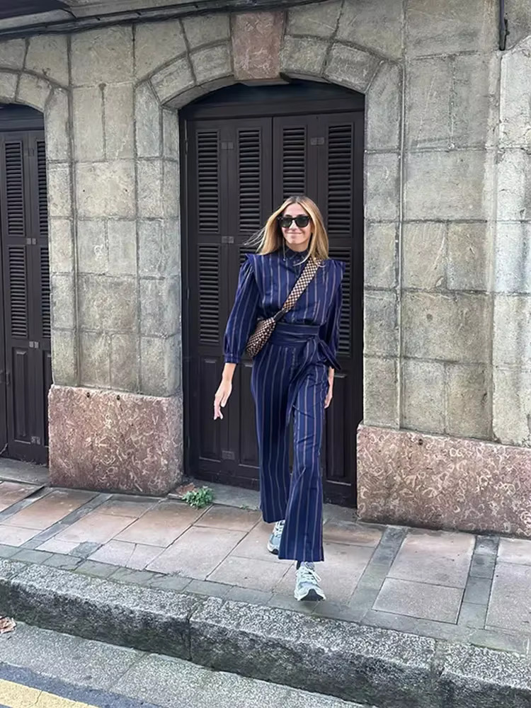 Spring Striped Slim High Waist Pants Sets Women Print Lace Up O-Neck Full Sleeve Shirt Top Suit 2025 Lady Streetwear Outfits