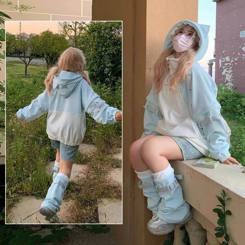 Japanese Subculture Sense Hoodies Autumn Y2k Kawaii Hoodie Suit Blue Sweet Oversized Womens Loose Casual Clothing 250206