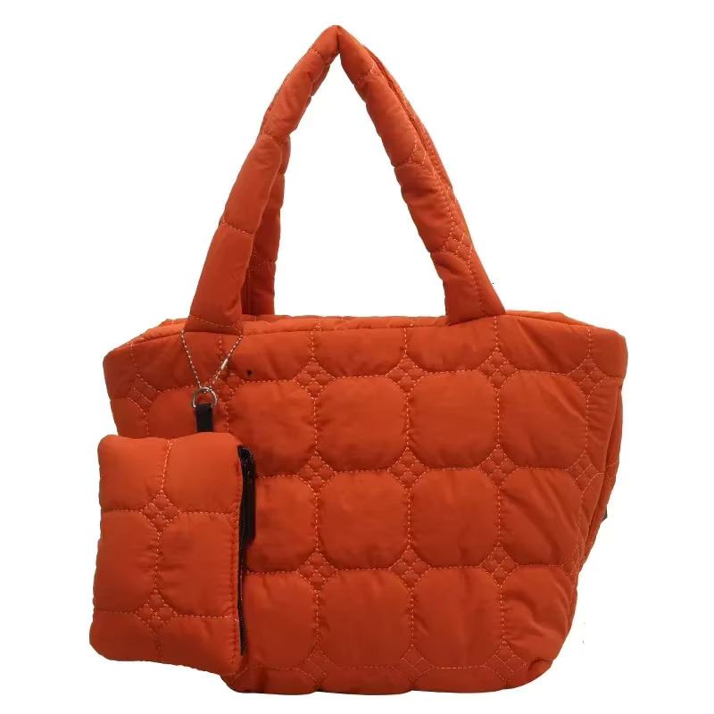 Fashion Quilted Embroidery Thread Handbag Lightweight Puffy Top-Handle Large Capacity Ladies Small Totes Bag With Mini Purse Cotton Fabric Cartoon