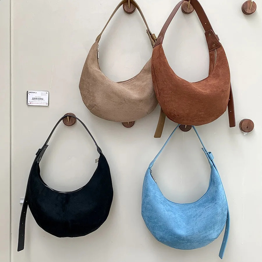 Vintage Faux Suede Halfmoon Women Shoulder Bags Simple Lady Handbags Autumn and Winter Hobos Bag Trend Underarm Bag 250206