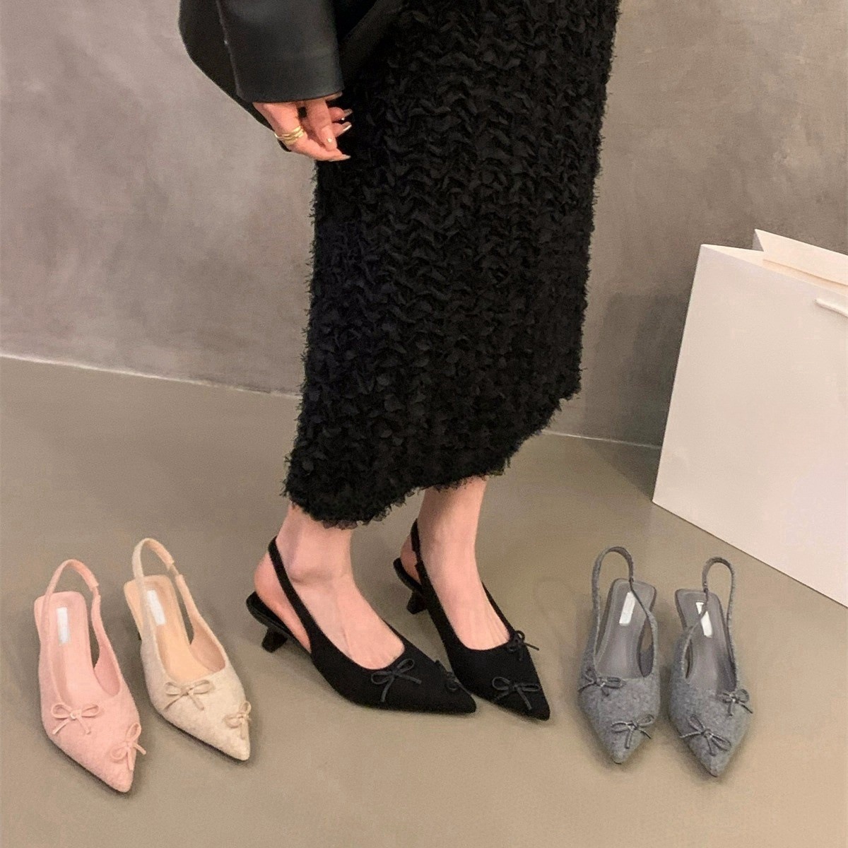 Women Sandals High Heel Suede Pointed Toe Bow Design Versatile Triple Black Apricot Grey Pink Free shipping