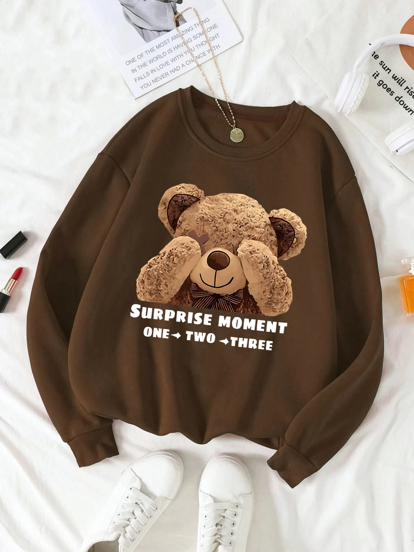 Womens Print Thermal Lined Crew Neck Loose Pullover Long Sleeve Plus Velvet Sweatshirt 250121