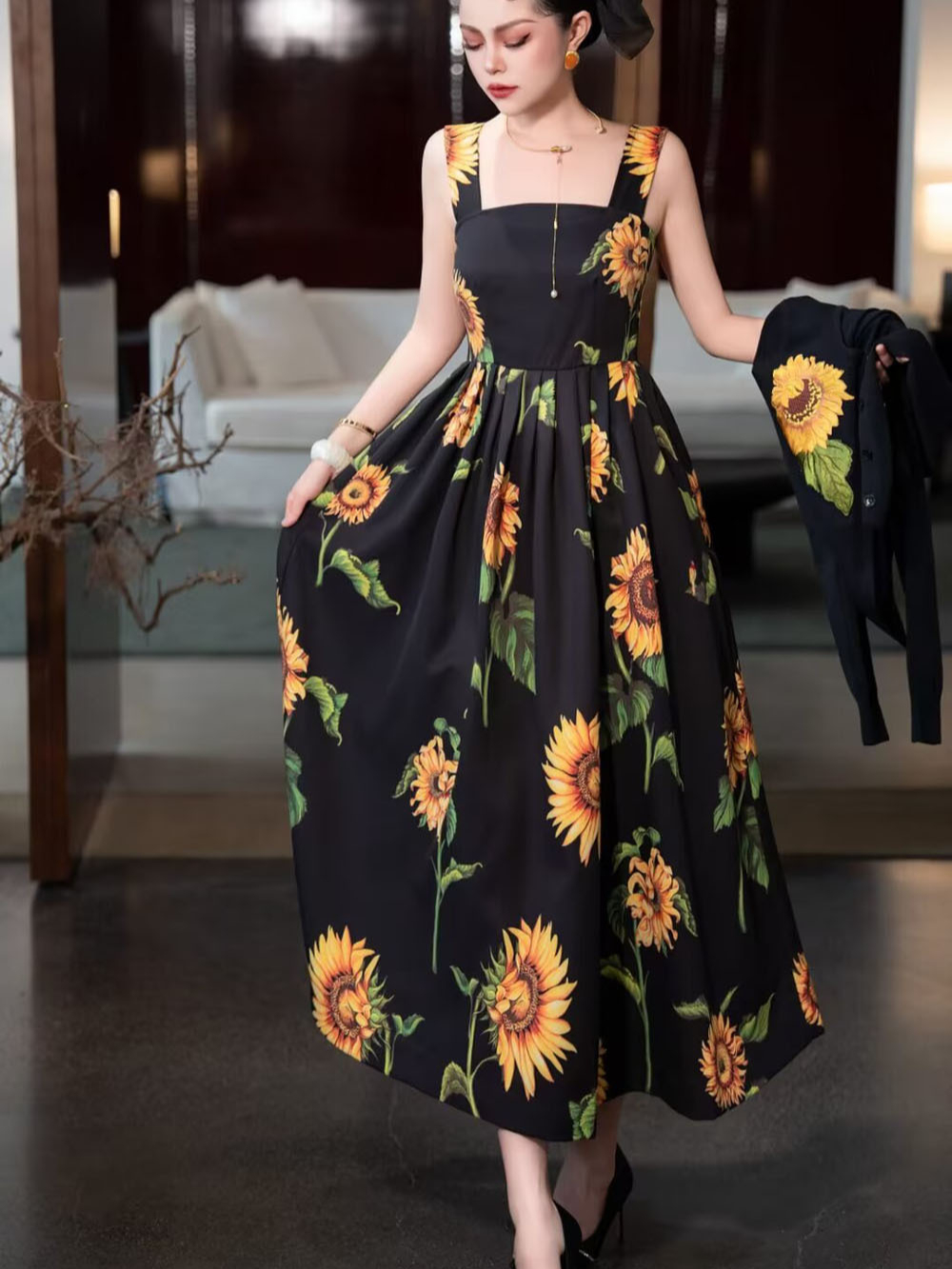 OC1325M7 Women's Two Piece Sets Multicolored Dress Round Neck Long Sleeved Embroidered Knitted Top+printed Dress