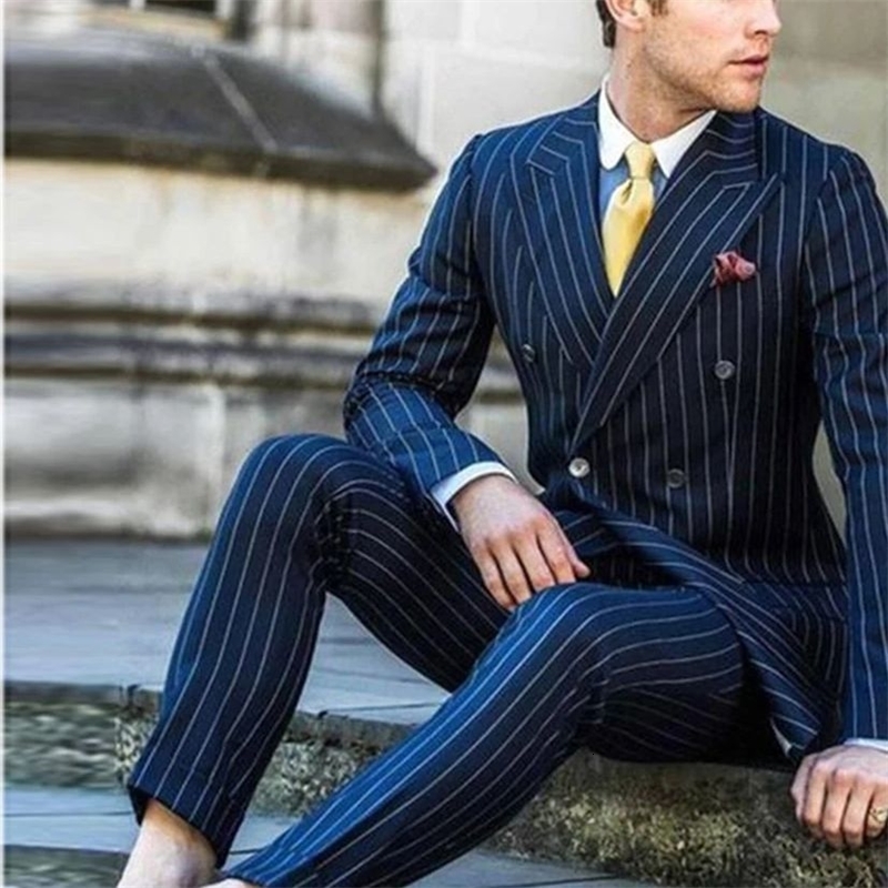 2024 Double Breasted Groomsmen Navy Blue Groom Tuxedos Lapel Men Suits Wedding Man Bridegroom Blazer Jacket Pants 250121