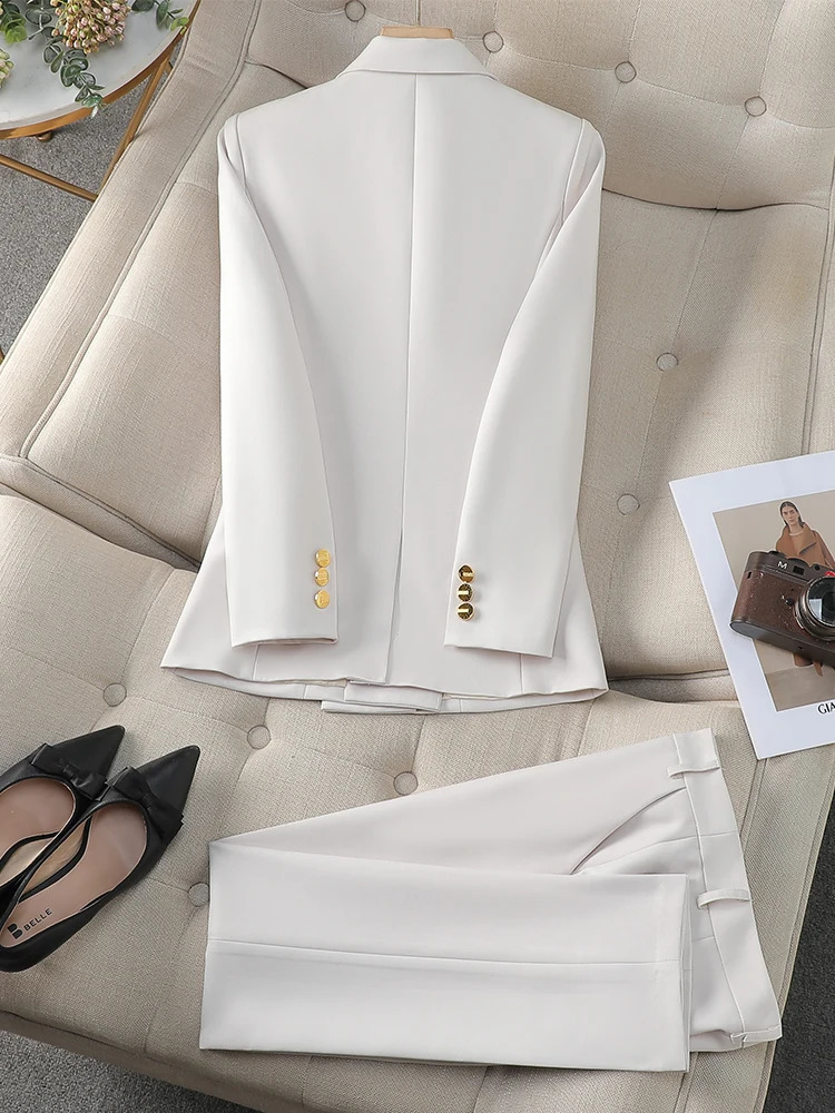 Navy Apricot Khaki Office Ladies Winter Pant Suit Women Female Business Work Wear Jacket Blazer and Trouser Formal 2 Piece Set 250206