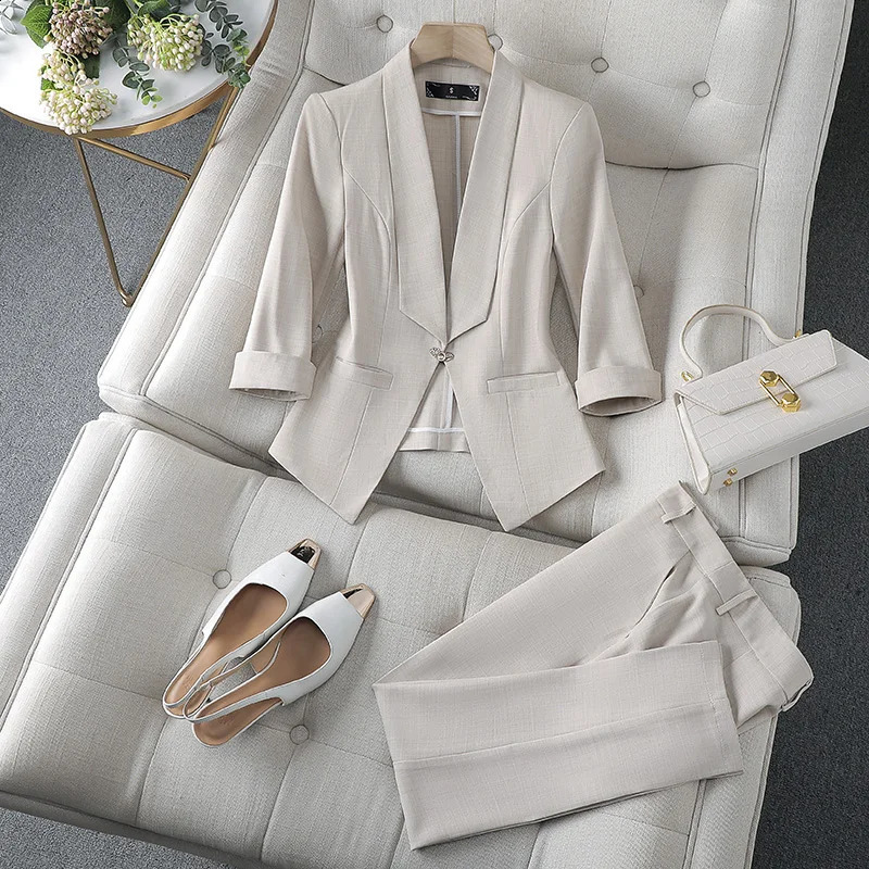 Spring Summer Flanged Casual Jacket Blazer Slim Pencil Pants Elegant Womens Pants Suit Office Manager Outfits Two Piece 250206