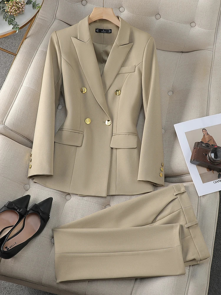 Navy Apricot Khaki Office Ladies Winter Pant Suit Women Female Business Work Wear Jacket Blazer and Trouser Formal 2 Piece Set 250206