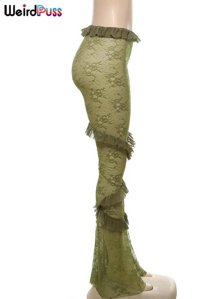 Weird Puss Sexy Mesh Flare Pants Women Coquette Autumn Trend Hipster Skinny Elastic Midnight Wild Club Patchwork Trousers 250121