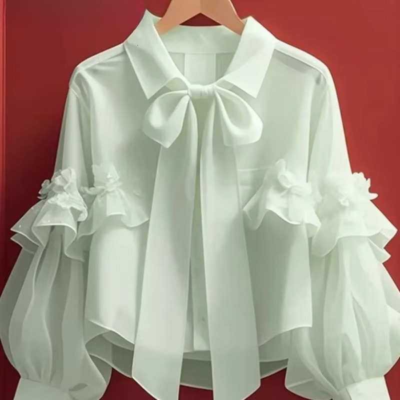 Spring Autumn Bow Blouses Solid Ruffles Vintage Sweet Women Shirts Korean Fashion Puff Sleeve Elegant Camisas