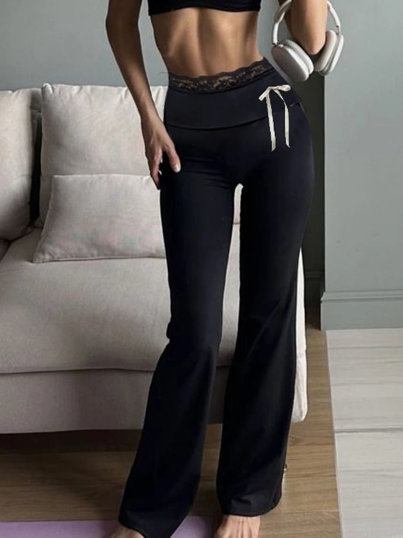 Cuteandpsycho Lace Patchwork Bow Straight Pants Y2K Fashion Aesthetic Cute Trousers Harajuku Streetwear Joggers 2000s Bottoms 250122