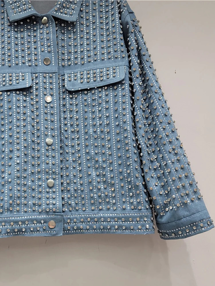 DEAT Womens Denim Coat Full Diamonds Rhinestone Single Breasted Long Sleeve Loose Blue Jackets 2025 Spring Fashion 29L2110 250116