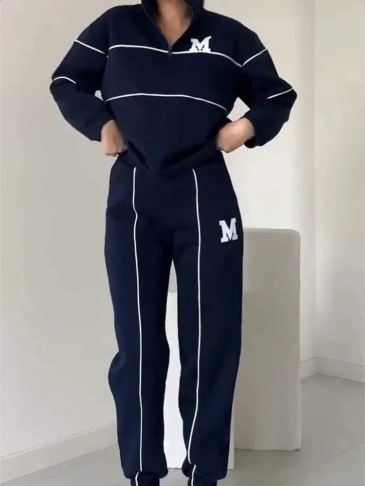 Autumn Winter Womens Fashion Letter Print Sweatshirt Set Casual Zipper Half Open Collar Long-sleeve Sweatpants Two-piece Set 250122