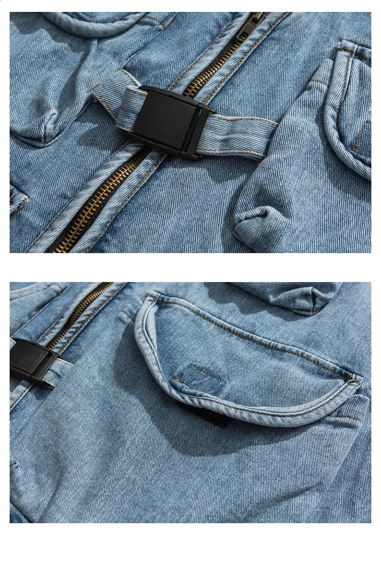 Japanese Fashion Mens Vest High Street Casual Cargo Denim Vest V-neck Sleeveless Blue Jean Jacket Youth Streetwear Men Waistcoat 250206