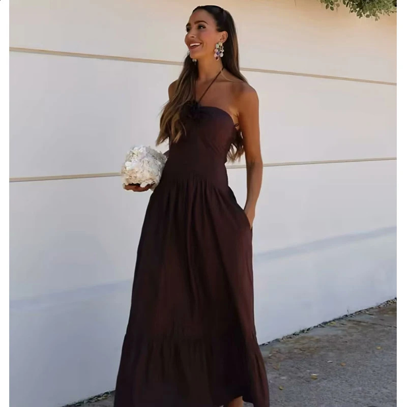 TRAF Dresses Summer Womens 2024 Chic Tube Top Hanging Neck Holiday Dress Womens Street Fashion Party Long Dress 250121