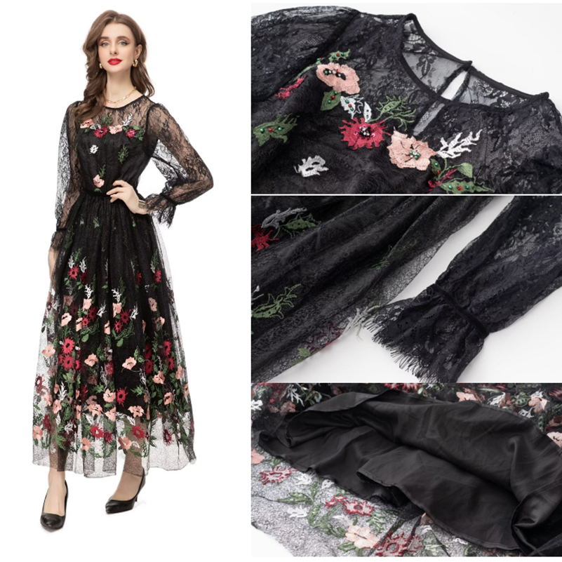 OC134M04 Spring and Summer Women's Dresses Multicolored Round Neck Long Sleeved Handmade Embroidered Diamond Lace Gorgeous Long Skirt for Commuti