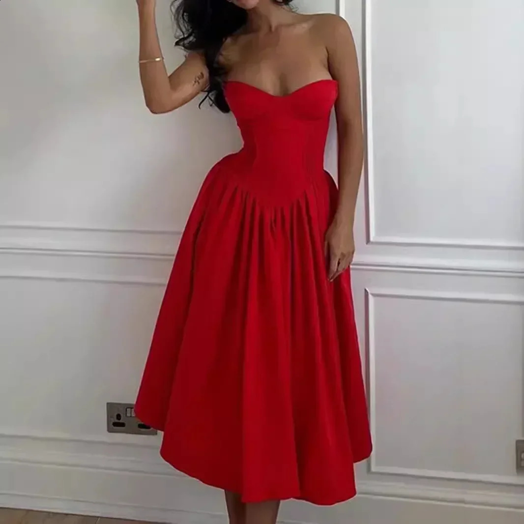 Suninheart Women Red Strapless Dress Sexy Arrivals Midi Casual Holiday Birthday Party Dresses Female 250206