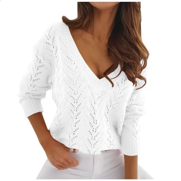 Europe and the United States cross-border autumn solid color mocha cutout V-neck casual knitwear sweater 250206