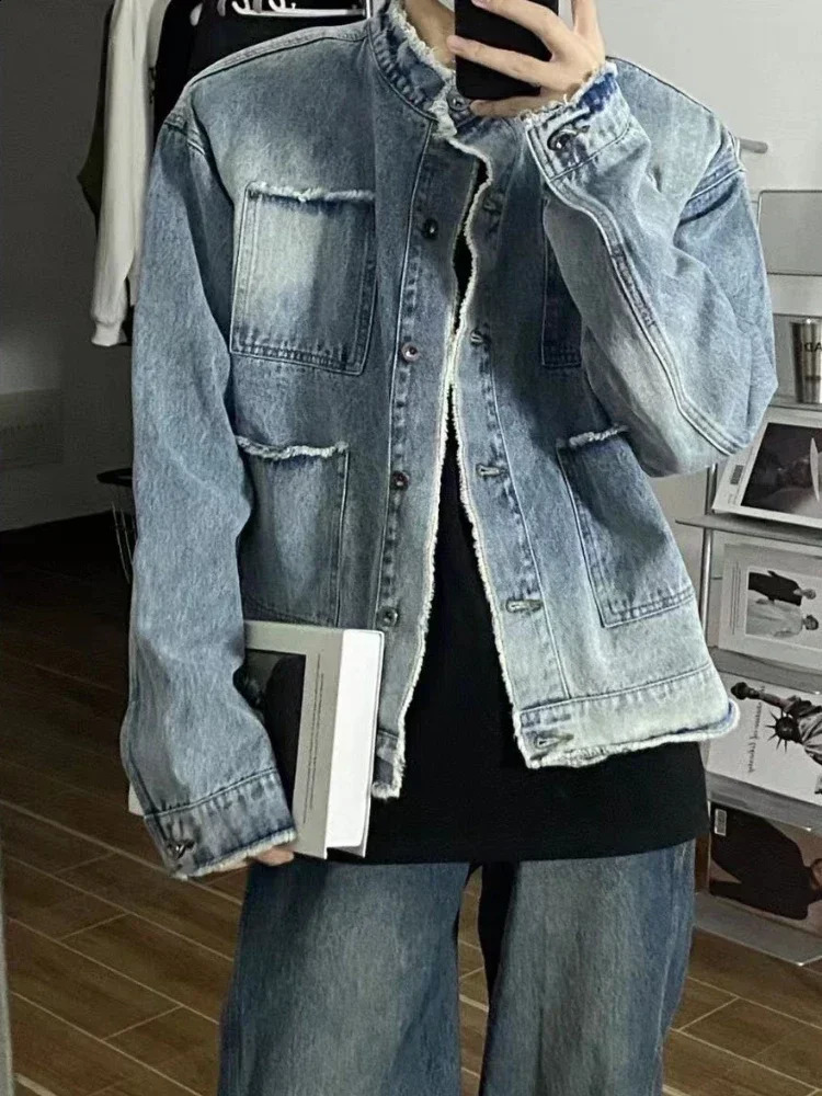Jeans Coat for Men Wide Sleeves Stand Collar Blue Denim Jackets Man One Piece Large Size Washed Lxury Cowboy Clothing G 250206