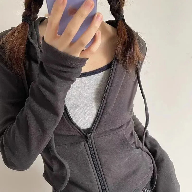 Xpqbb Vintage Zip Up Cropped Hoodies Women Solid Color Y2K Long Sleeve Hooded Jacket Woman Korean Style Slim Streetwear Hoody 250206