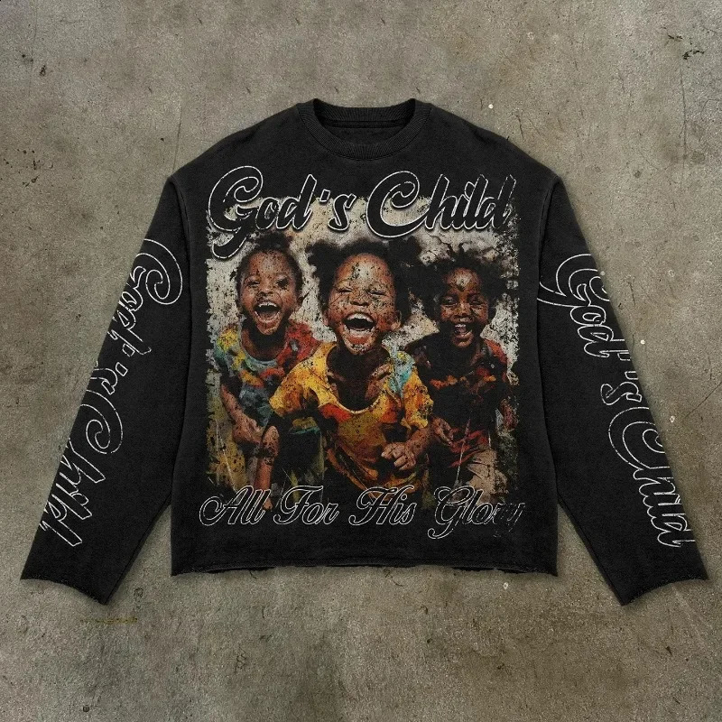 Gothic Round Neck Couple T-shirt Autumn American Style Children Pattern Printed Casual Top Y2k Seven Quarter Sleeve Pullover 250206