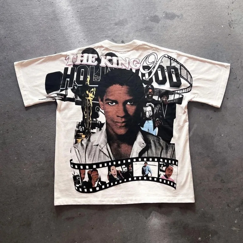 Y2k Streetwear Fashion Letter Portrait Print Oversized T-Shirt Mens Retro Trendy Gothic Loose Harajuku Short Sleeve Top Women 250206