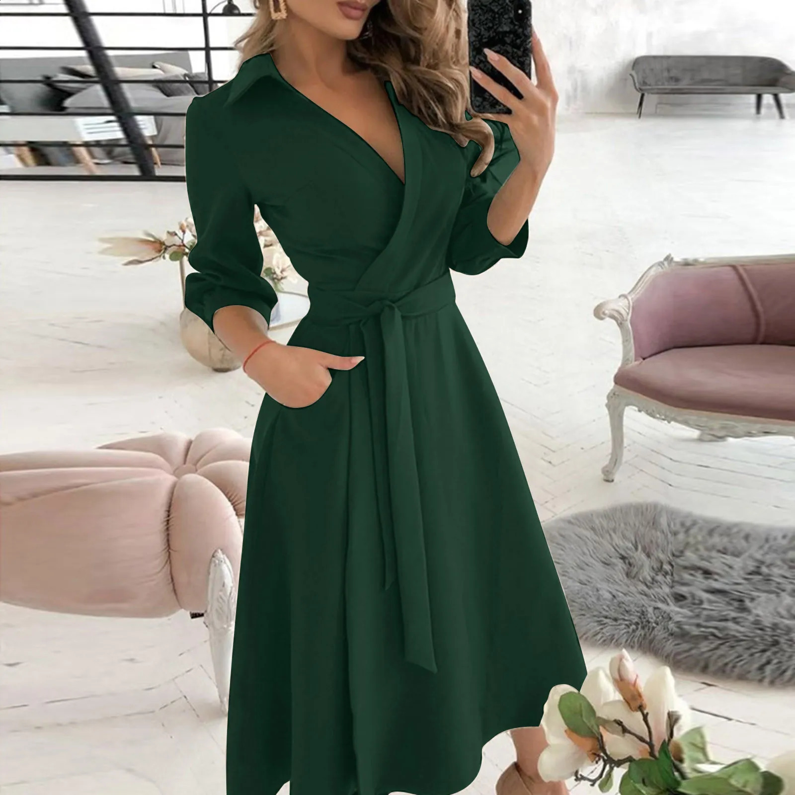 Womens Casual Summer Midi Dress Pure Color V-Neck Lacing Dresses Slim Body Wrap Hips Office Lady Monochromatic Midi Dress 250206