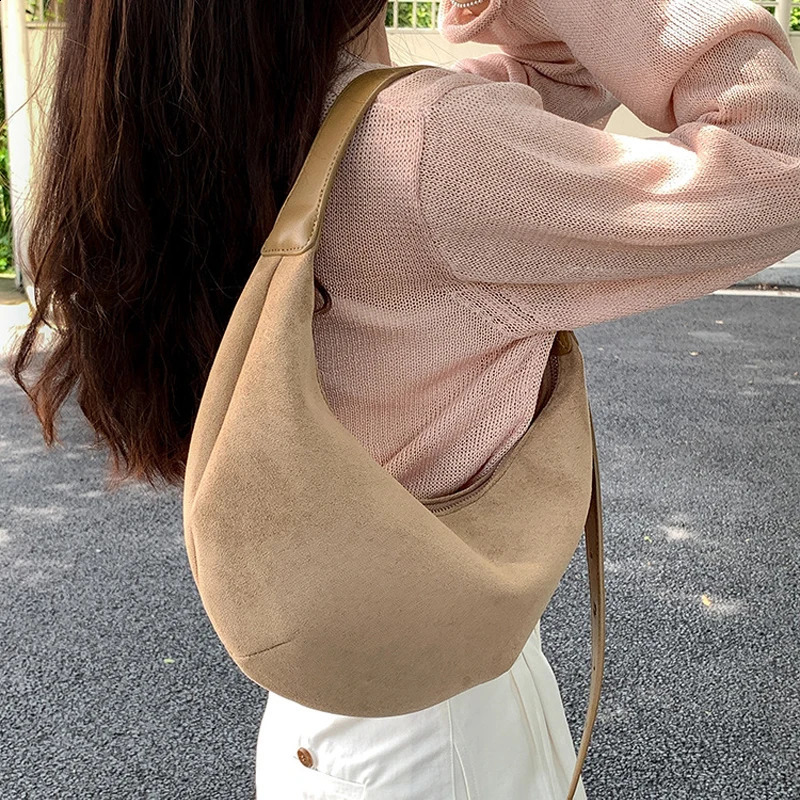 Vintage Faux Suede Halfmoon Women Shoulder Bags Simple Lady Handbags Autumn and Winter Hobos Bag Trend Underarm Bag 250206
