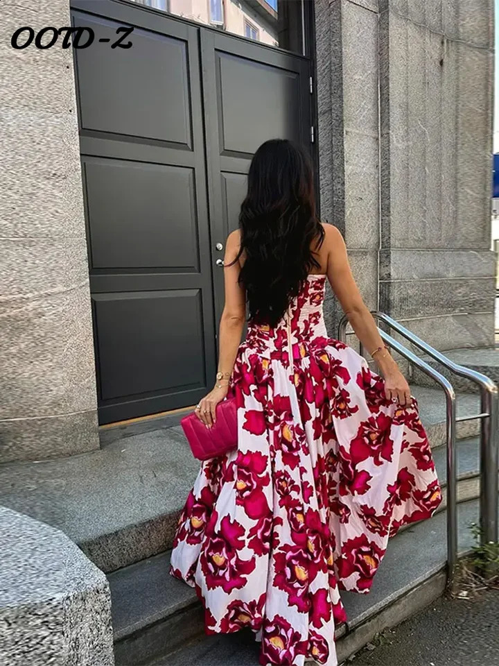 Sexy Strapless Big Swing Women Dress Print Backless A Line Lady Dresses Spring Summer Side Split Pleated Female Vestido 250206