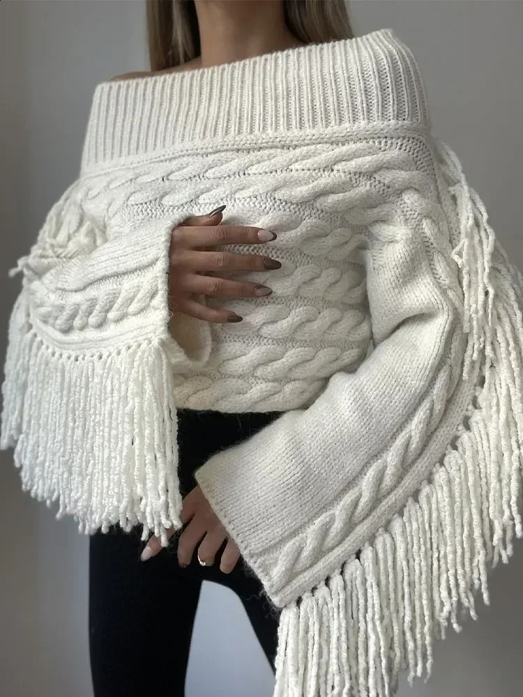 Elegant Off Shoulder Womens Spliced Tassels Sweater Sexy Slash Neck Long Sleeves Pullover Jumper 2024 Autumn Lady Chic Knitwear 250121