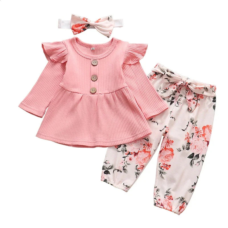 Spring born Baby Girl Clothes Set Cute Pink Color Long Sleevs Tops Flower Pants Headband 0-24M 3Pcs Infant Girl Clothing Suit 250206