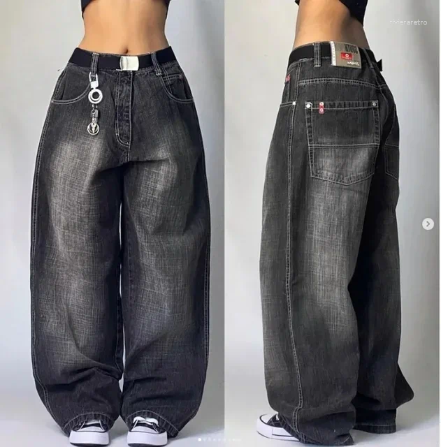 Women's Jeans Streetwear 90s Y2K Hip Hop Letter Embroidered Classic Retro Baggy Pants Mens Womens High Waist Wide Leg Trousers