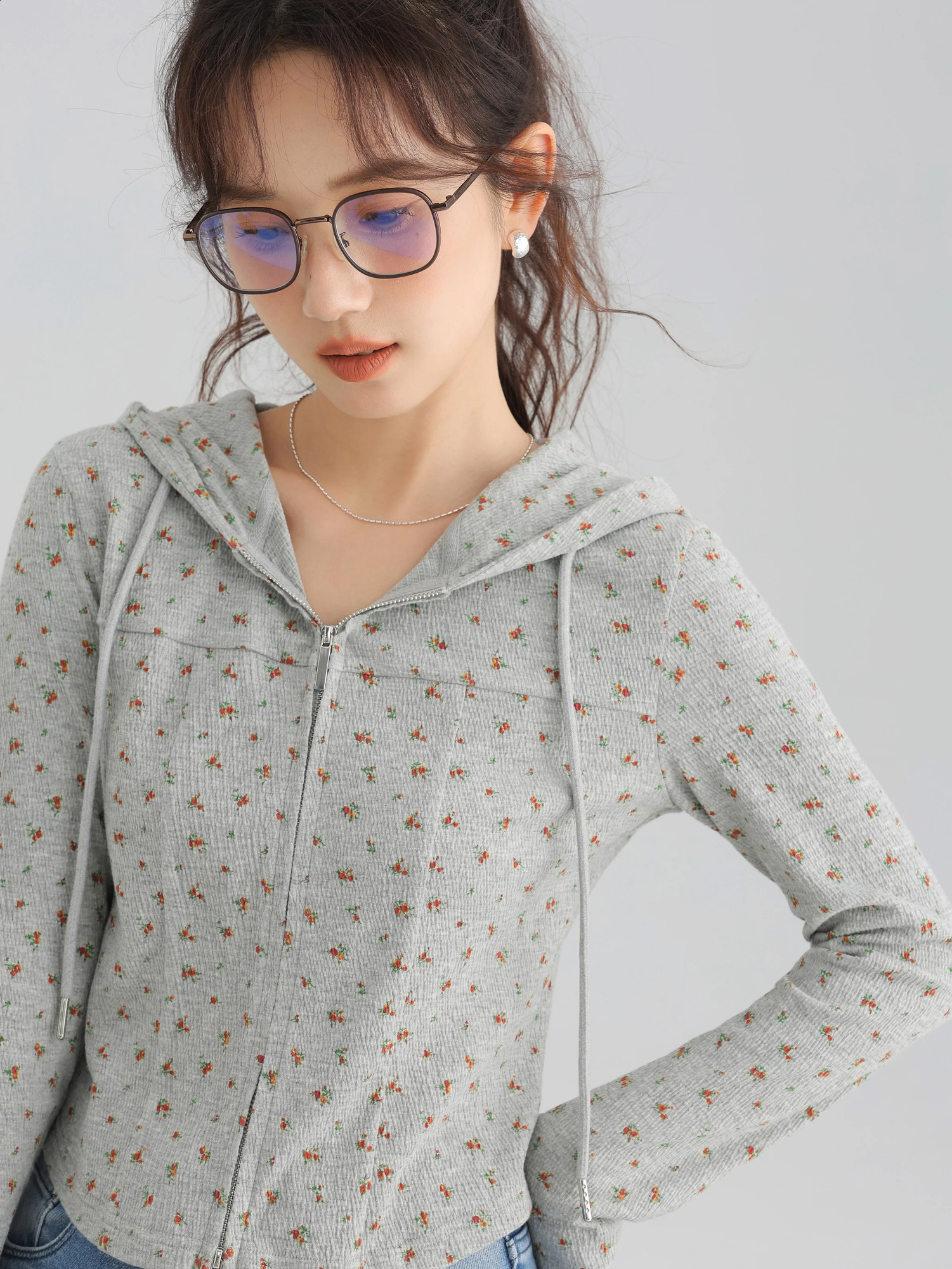 Vintage Floral Double Zipper HoodieWomen Slim Fit Casual Long Sleeve SweatshirtKorean Style Soft Cozy 2025 Autumn Fashion 250206