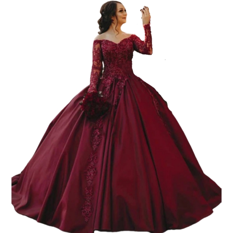 Elegant Burgundy A-Line Wedding Dresses Beaded Lace Long Sleeves Appliques Satin Long Bridal Gowns 2025 Arabic Dubai Vestdio De Novia