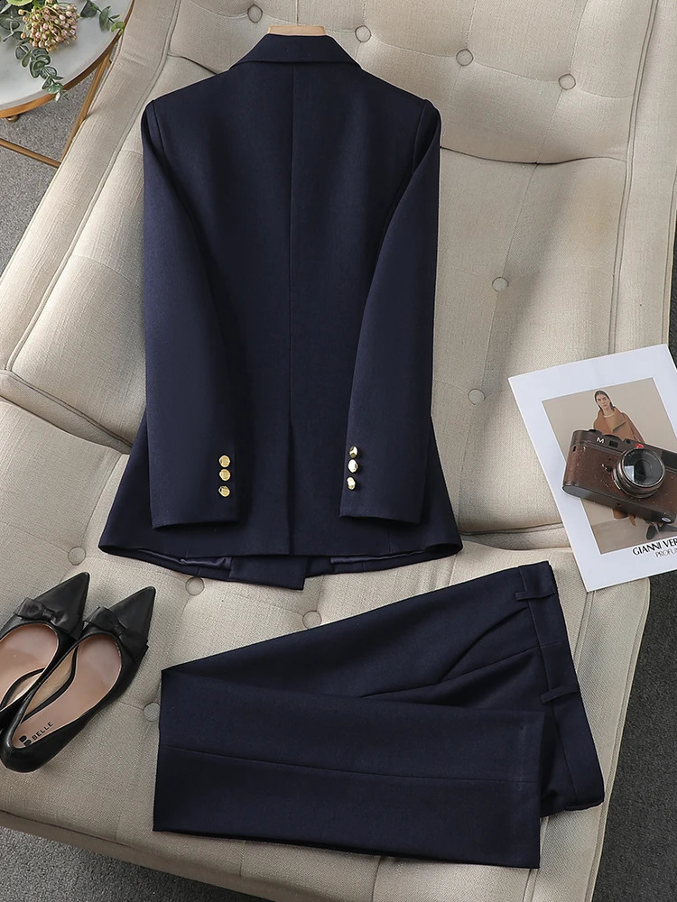 Navy Apricot Khaki Office Ladies Winter Pant Suit Women Female Business Work Wear Jacket Blazer and Trouser Formal 2 Piece Set 250206