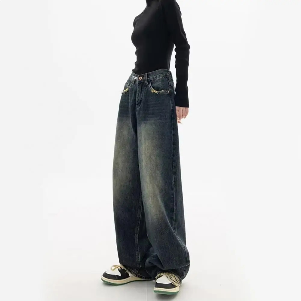 Loose Leg n Trousers Vintage High Waist Wide Denim Jeans with Deep Crotch Pockets Streetwear Fashion Button 250121