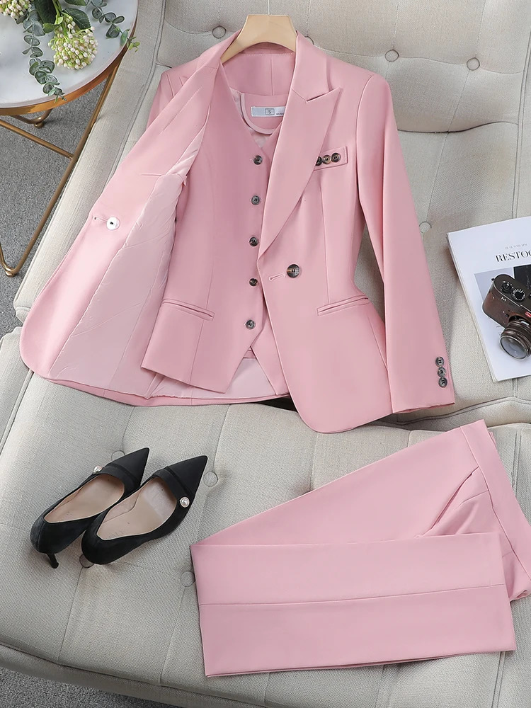 Women Vest Blazer Jacket and Pant Suit Pink Blue Apricot Office Ladies Business Work Career Wear Formal 3 Pieces Set 250206