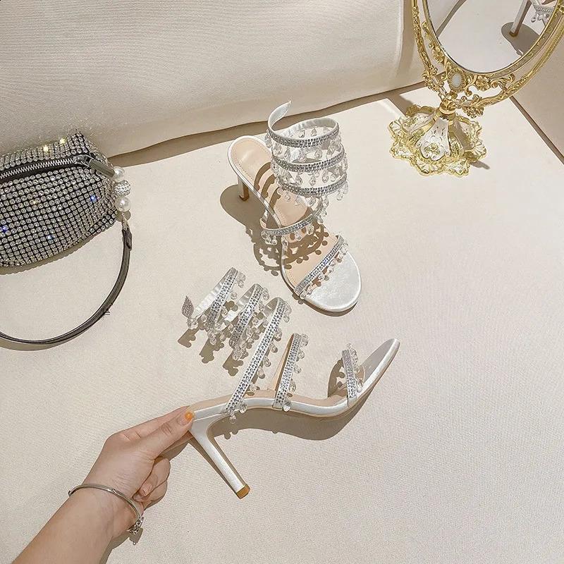 Crystal hot Wrap Sandal Summer 2024 Wedding Shoes High Heel Party Ankle Strappy Sandals Stiletto 250118