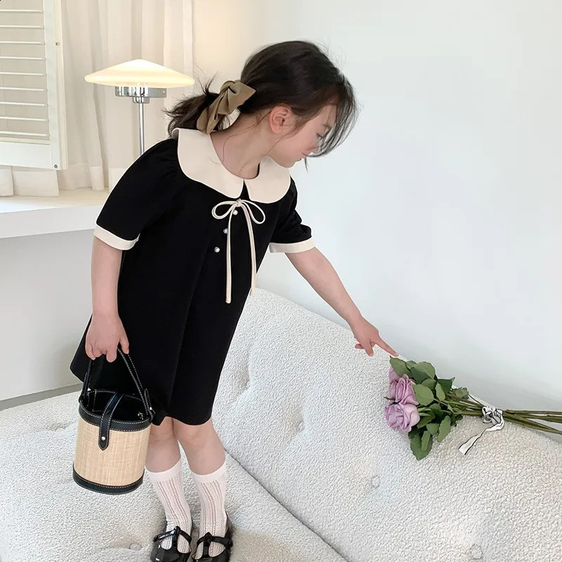 Girls Summer Dresses Children Temperament Princess Gown Teenager Fashion Bow Vestidos Kids Peter Pan Collar Clothing 250114
